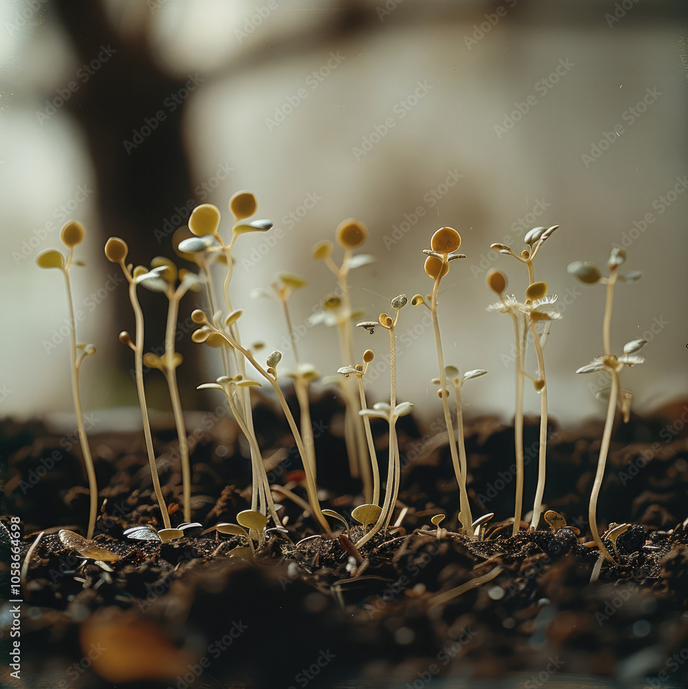 Poster close-up of small seeds in soil, sprouting delicate roots and leaves, symbolizing thoughts growing i