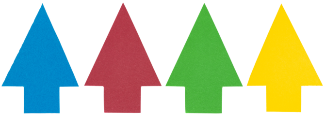 Set collection of blue red green yellow paper cardboard arrows pointing up symbol or christmas tree decoration isolated on transparent background