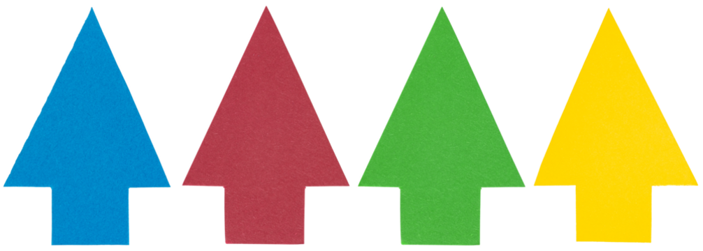 Set collection of blue red green yellow paper cardboard arrows pointing up symbol or christmas tree decoration isolated on transparent background