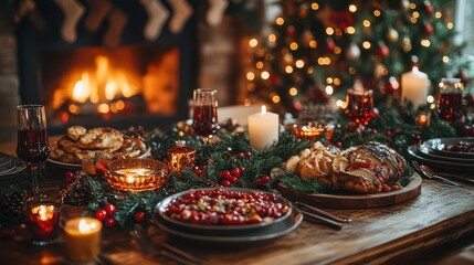 Fototapeta premium cozy holiday table adorned with a beautifully decorated christmas tree and a crackling fireplace, inviting a warm and festive atmosphere, with ample copy space for messages