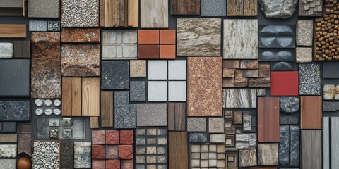 Assorted building material samples, including wood, stone, and tiles, viewed from above.