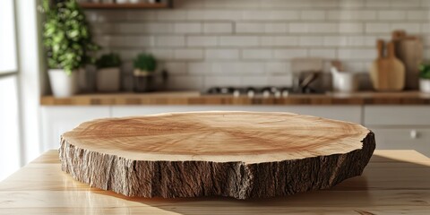 Round wooden table top with natural edge on a blurred kitchen counter background.