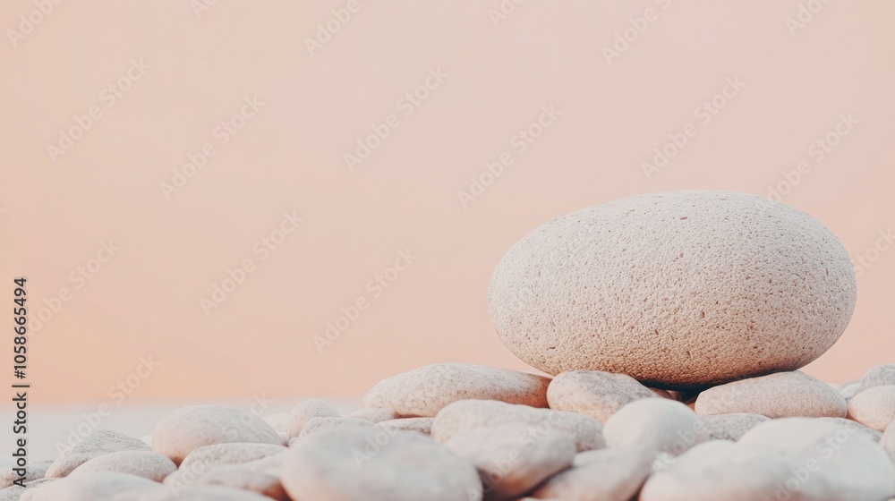 Poster a smooth stone resting on smaller pebbles against a soft backdrop.