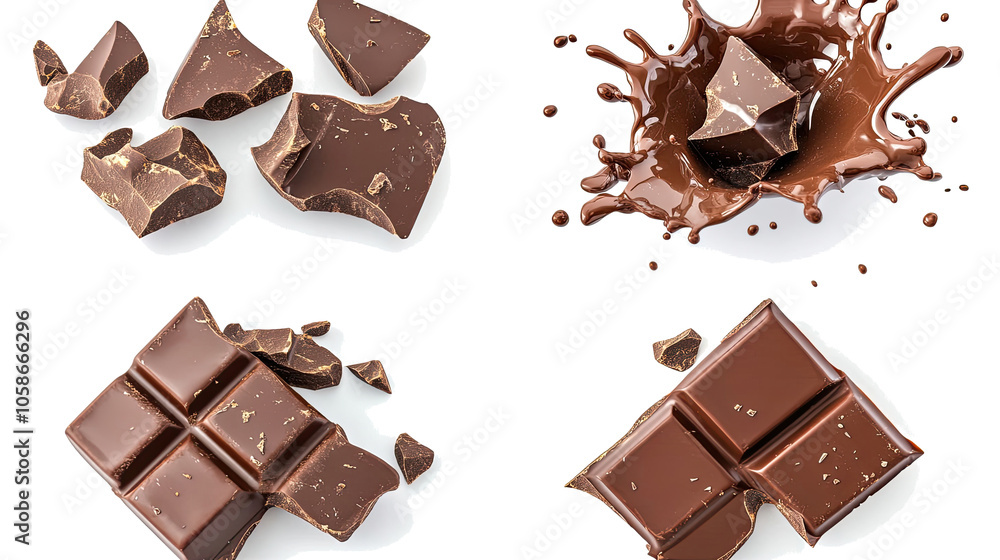 Poster artistic renderings of chocolate splashes and broken pieces isolated generative ai