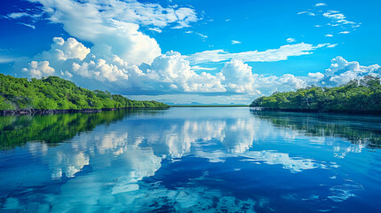 Panoramic view of a blue freshwater estuary with mangroves on its edge and clouds in the background.
