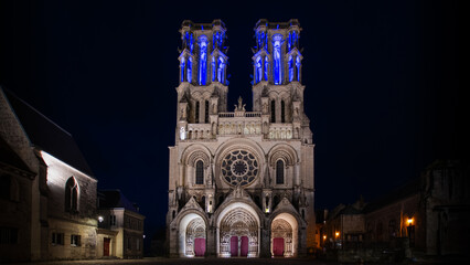 exterior of Laon Cathedral at night- Aisne - France