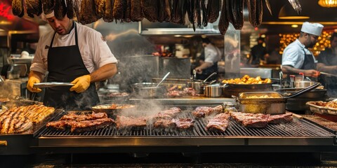 Man grilling meat in a busy restaurant kitchen with other chefs preparing food