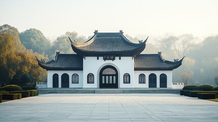 Obraz premium Traditional Chinese Anhui Hui-style Architecture with White Background, Platform, Roads, Parking Lots, and Brick Pavements for Car Advertisement Background