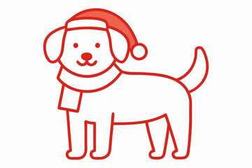 Vector Outline of A cute dog wearing a Santa clause hat and scarf on white background .