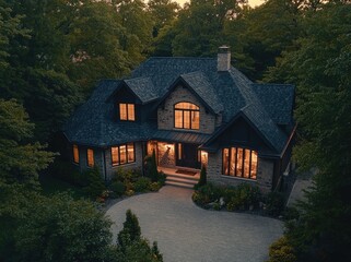 Aerial view of a luxury home in the countryside, with a stone and wood exterior and a dark roof shingle.