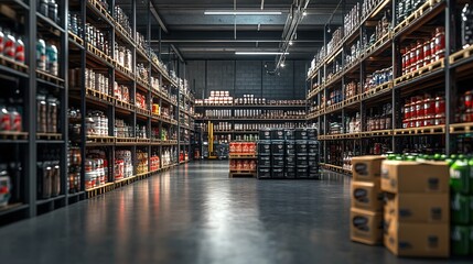 Warehouse Interior with Rows of Shelves and Products Technology Virtual