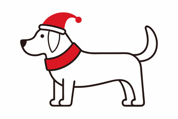 Vector Outline of A cute dog wearing a Santa clause hat and scarf on white background .