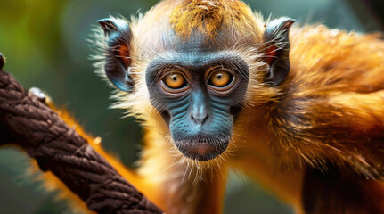 Obraz premium A monkey curiously gazes from its perch in a lush jungle during the sunny afternoon hours. Header banner mockup with copy space.
