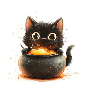 black cat in cauldron, halloween setting clip art preview