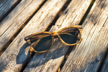 A pair of brown, round sunglasses resting on a wooden table. The sunglasses have a vintage design and are perfect for summer outdoor activities.