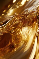 A close-up of golden amber liquid in a clear container. The syrup exhibits a water-like texture with ripples and a shiny, reflective surface.
