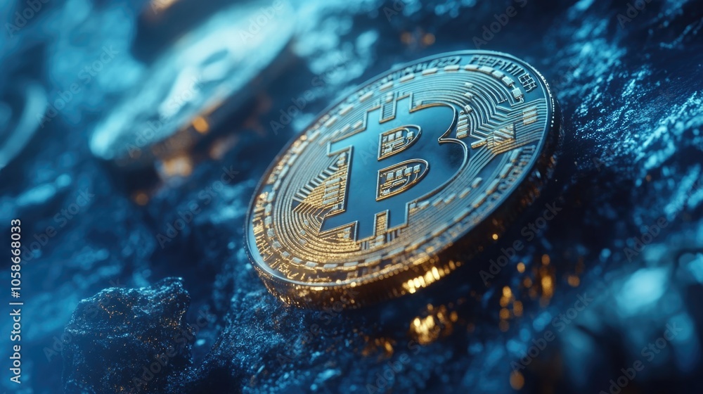Aufkleber golden digital currency bitcoin with network of connected nodes in back