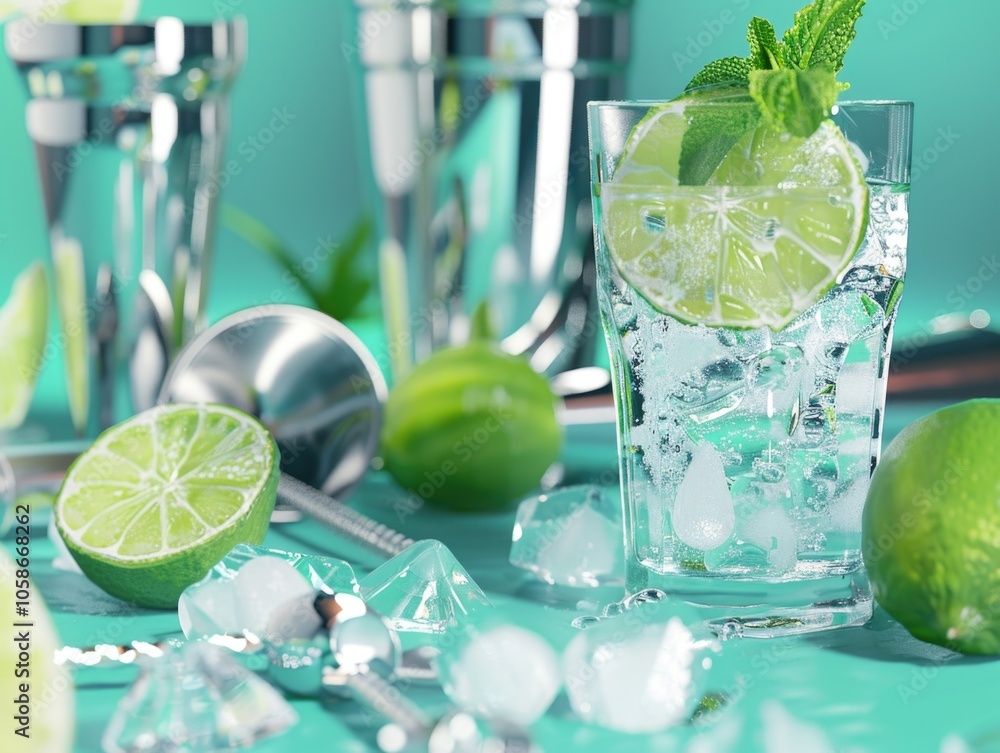 Poster a refreshing margarita drink with a lime garnish on a table setting. ice cubes and sugar rims are re