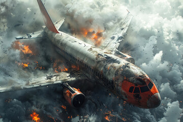 Airplane crash, debris on the ground, smoke-filled disaster on fire. Regular transport aviation emergency.