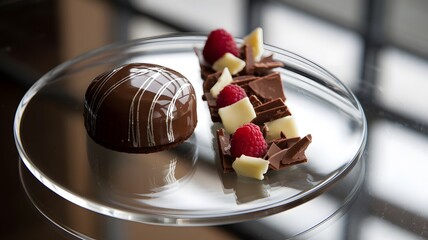 A modern minimalist-style glass plate with a small chocolate tart.... plate decoration idea... 