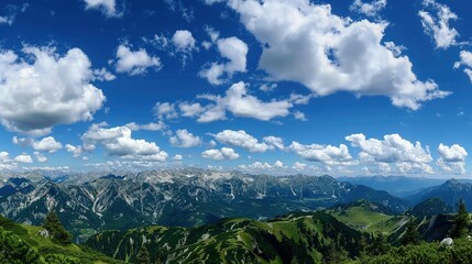 Naklejka premium The allure of a landscape filled with the beauty of blue sky, fluffy white clouds, majestic high mountains, and vibrant green plants. Generative AI