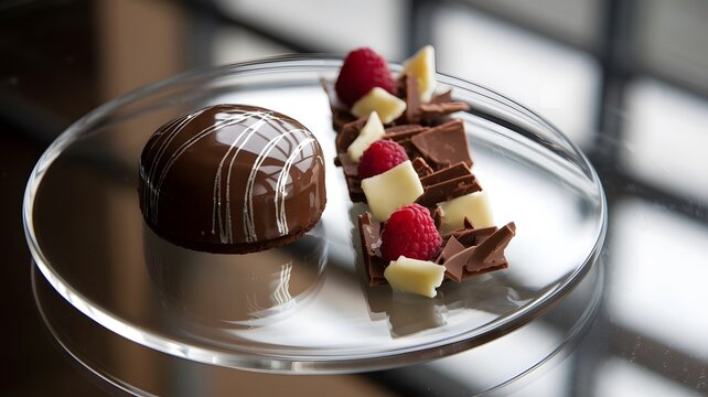 A modern minimalist-style glass plate with a small chocolate tart.... plate decoration idea... 