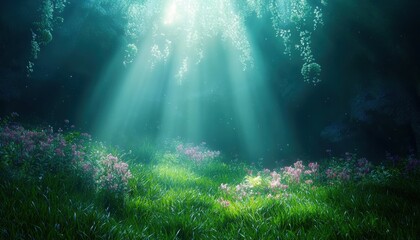 Obraz premium A serene underwater landscape illuminated by soft rays of light, featuring vibrant flowers and lush greenery.