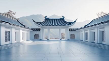 Obraz premium Traditional Chinese Anhui Hui-style Architecture with White Background, Platform, Roads, Parking Lots, and Brick Pavements for Car Advertisement Background