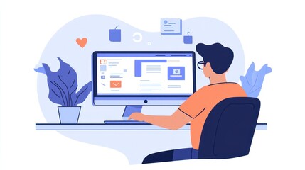 A young man sits at his desk, working on his computer. He is wearing glasses and a casual orange t-shirt. There are plants on the desk and the image is done in a flat design style.
