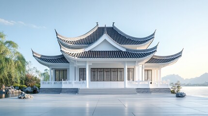 Fototapeta premium Traditional Chinese Anhui Hui-style Architecture with White Background, Platform, Roads, Parking Lots, and Brick Pavements for Car Advertisement Background