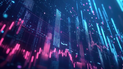 Abstract digital data visualization with pink and blue lines and dots on a dark background.