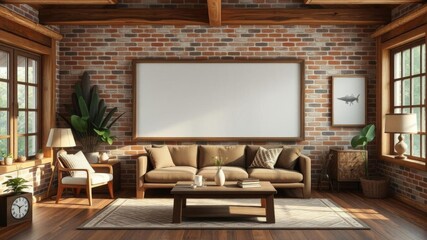 Close-up of a vintage wooden frame hanging on a rustic brick wall in a cozy bohemian style living room interior, cozy, rustic, boho