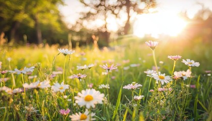 A serene landscape filled with blooming flowers under a warm sunlight, creating a peaceful and vibrant atmosphere.