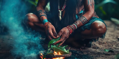 Shaman in the Amazon rainforest gathering ayahuasca leaves, symbolizing indigenous healing.