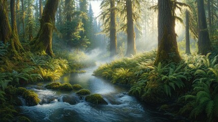 Obraz premium Sunlight streams through a misty forest, illuminating a babbling brook and lush ferns.