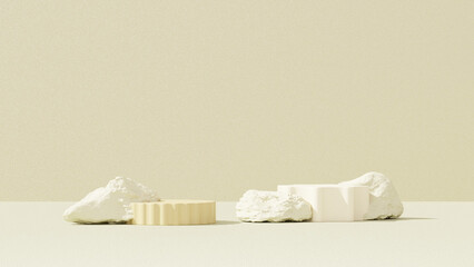 3D rendering of a yellow empty podium display space for product mockup, set against a minimal landscape background.