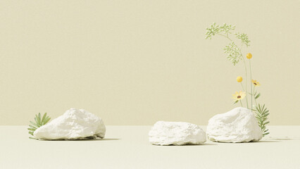 3D rendering of a yellow empty podium display space for product mockup, set against a minimal landscape background.