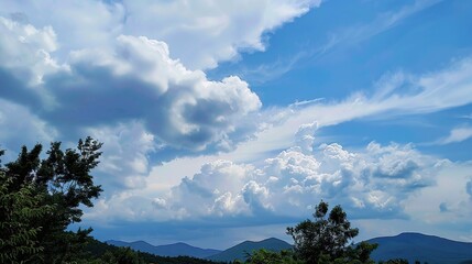 Obraz premium The allure of a landscape filled with the beauty of blue sky, fluffy white clouds, majestic high mountains, and vibrant green plants. Generative AI