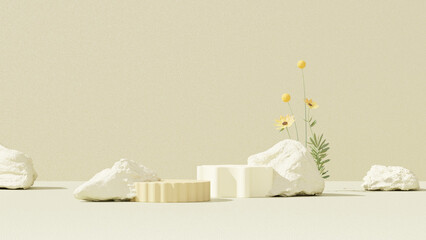 3D rendering of a yellow empty podium display space for product mockup, set against a minimal landscape background.