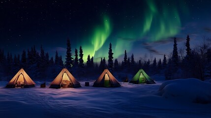 Image showcasing a serene winter camping scene with cozy tents glowing softly from within, casting a warm light onto the surrounding snowcovered landscape