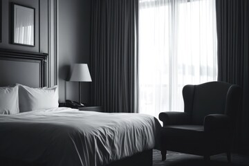 Fototapeta premium Luxurious hotel room with a minimalist design, featuring large windows for natural light and a comfortable bed. Perfect for relaxation.