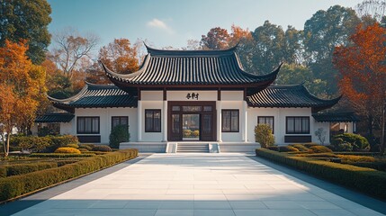 Fototapeta premium Traditional Chinese Anhui Hui-style Architecture with White Background, Platform, Roads, Parking Lots, and Brick Pavements for Car Advertisement Background