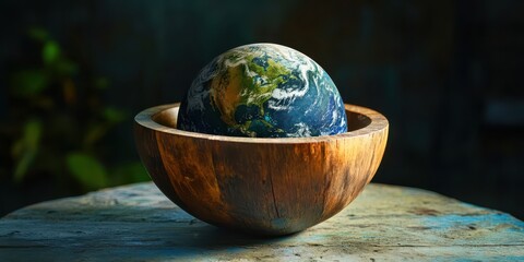 Earth globe placed inside an empty wooden bowl, symbolizing global hunger issues.