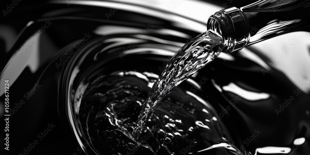 Poster the dynamic energy of water flowing into a drop, creating droplets against the motion blur backgroun