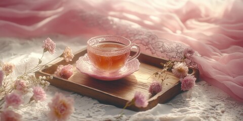 Sweet tea in a charming cup, set against a delicate flower bed backdrop.