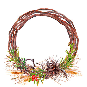 watercolor brown twig wreath with greenery clip art preview