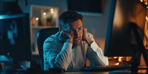 Panicked businessman facing computer problems, conveying frustration and technical difficulties.