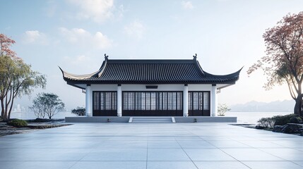 Fototapeta premium Traditional Chinese Anhui Hui-style Architecture with White Background, Platform, Roads, Parking Lots, and Brick Pavements for Car Advertisement Background