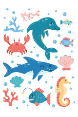 Sea Life Vertical poster on white background. Set of sea animals. Characters in children's style. vector illustration.