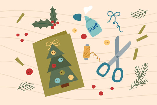 Handmade Christmas card. Sustainable Christmas concept. Eco friendly Christmas gift. Handmade decoration.